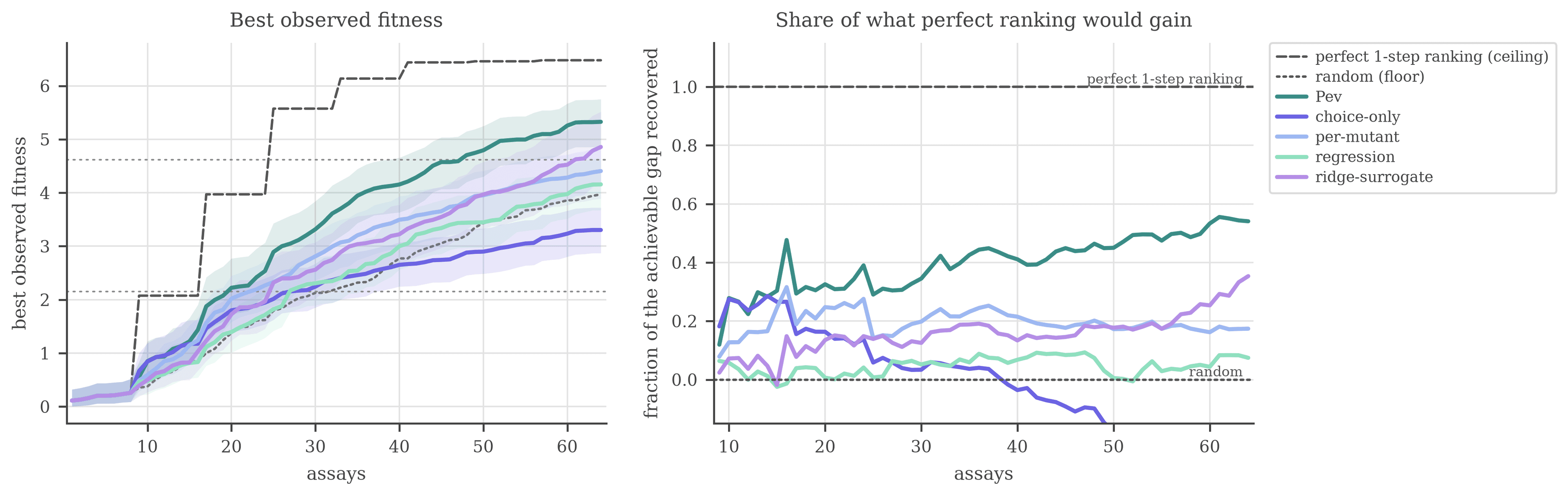 Best observed fitness plotted against assay budget for Pev, a fitted ridge surrogate, the per-mutant, regression and choice-only variants, a random floor, and a perfect one-step ranker.